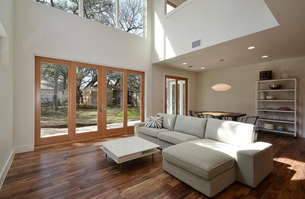 living room with hardwood floor Peoples Signature Flooring Austin Texas, Acacia Natural 5 Inch (Hand Sculpted)