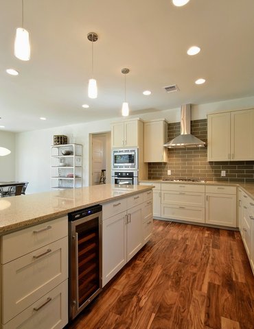 kitchen with hardwood floor Peoples Signature Flooring Austin Texas, Acacia Natural 5 Inch (Hand Sculpted)
