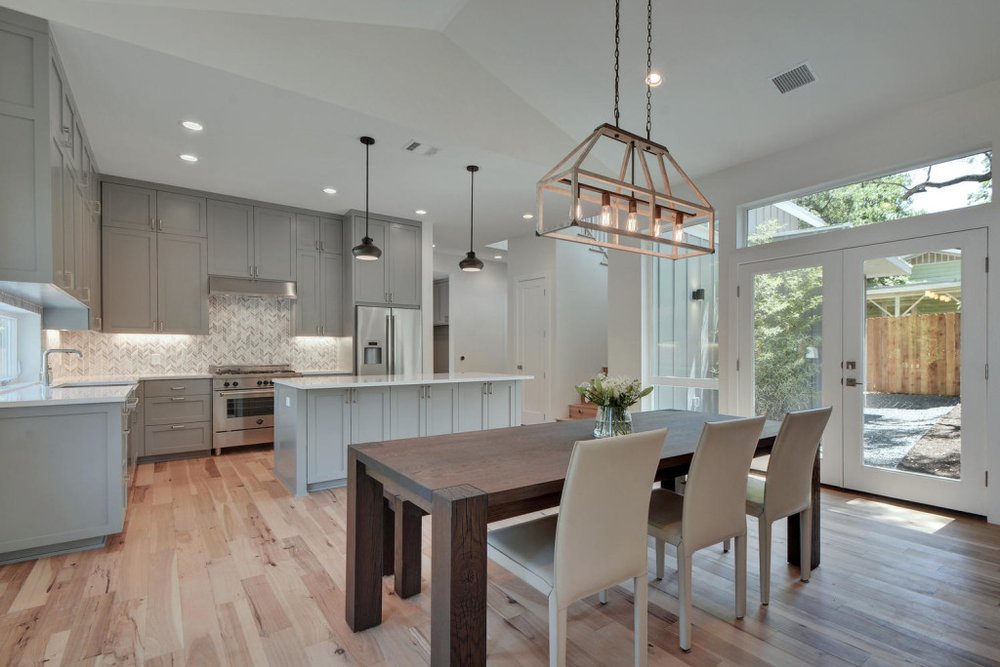 dining room/kitchen with hardwood floor Peoples Signature Flooring Austin Texas, Hickory Natural 5 Inch