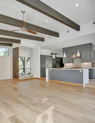 living room/kitchen with hardwood floor Peoples Signature Flooring Austin Texas, 7.5 Inch Wide Wirebrush European White Oak Natural