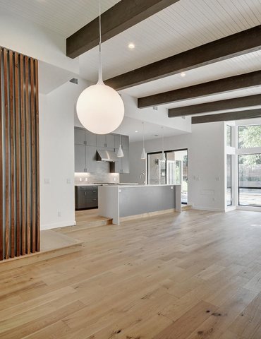 living room/kitchen with hardwood floor Peoples Signature Flooring Austin Texas, 7.5 Inch Wide Wirebrush European White Oak Natural