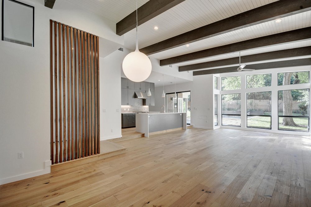 living room/kitchen with hardwood floor Peoples Signature Flooring Austin Texas, 7.5 Inch Wide Wirebrush European White Oak Natural