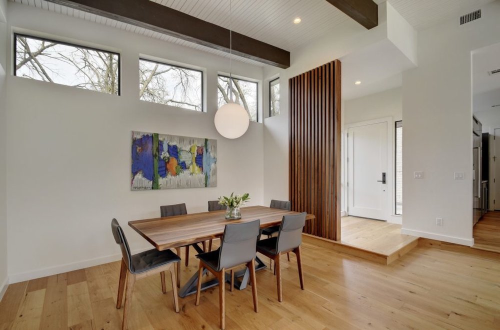 dining room with hardwood floor Peoples Signature Flooring Austin Texas, 7.5 Inch Wide Wirebrush European White Oak Natural