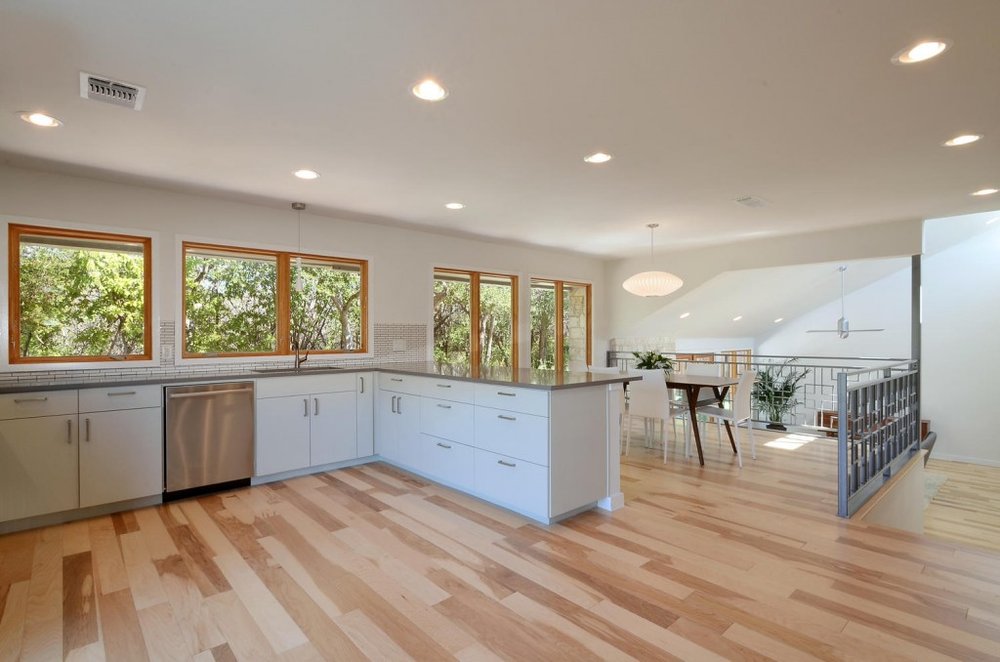 dining room/kitchen with hardwood floor Peoples Signature Flooring Austin Texas, Hickory Natural 5 Inch