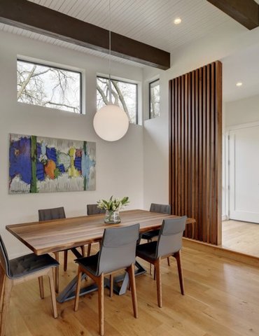 dining room with hardwood floor Peoples Signature Flooring Austin Texas, 7.5 Inch Wide Wirebrush European White Oak Natural