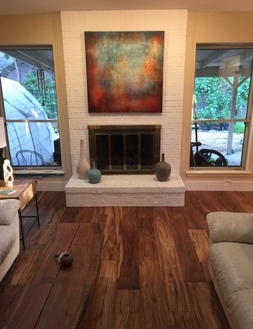 living room with hardwood floor Peoples Signature Flooring Austin Texas, 7.5 Inch Wide Hand Sculpted Acacia Natural 1x8 Baseboards