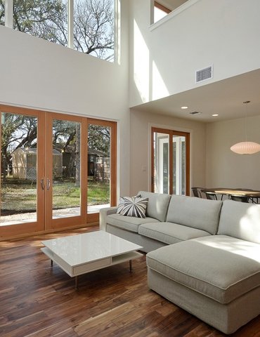 living room with hardwood floor Peoples Signature Flooring Austin Texas, Acacia Natural 5 Inch (Hand Sculpted)