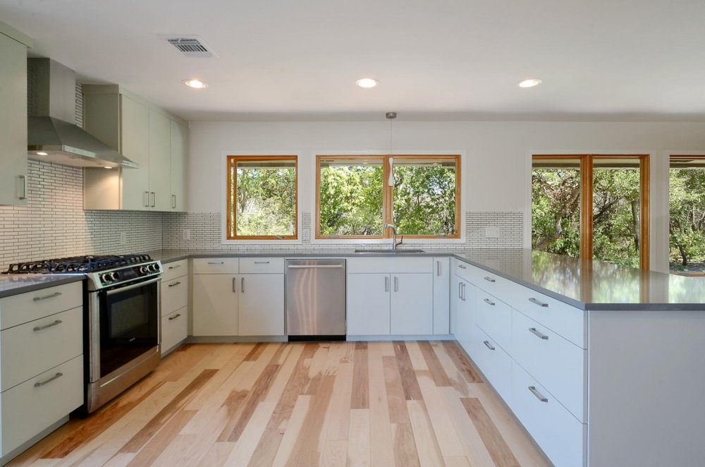 kitchen with hardwood floor Peoples Signature Flooring Austin Texas, Hickory Natural 5 Inch