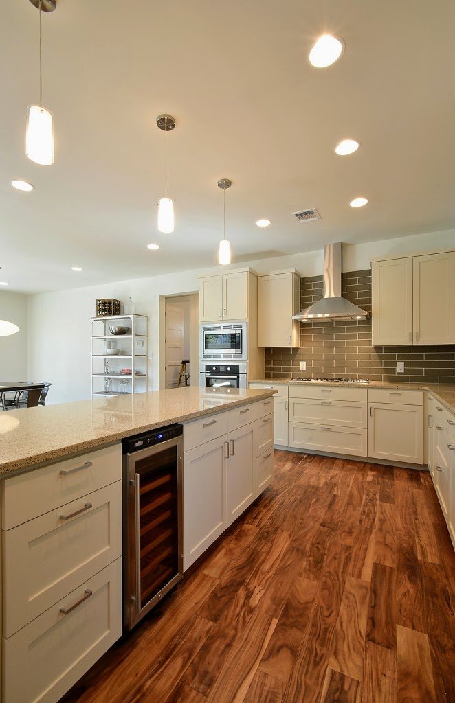 kitchen with hardwood floor Peoples Signature Flooring Austin Texas, Acacia Natural 5 Inch (Hand Sculpted)